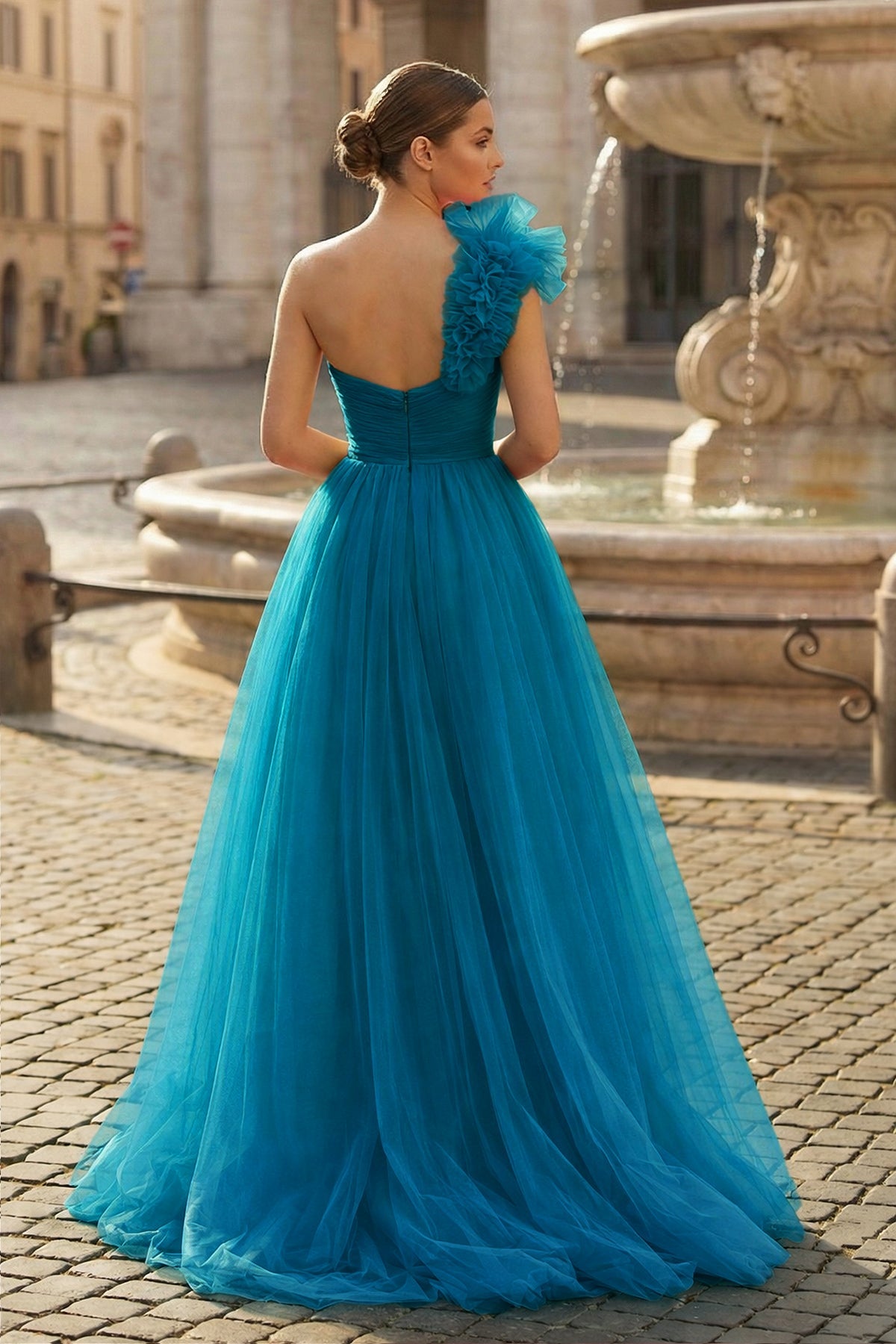 A-Line One Shoulder Long Tulle Prom Dress with Ruffles
