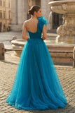A-Line One Shoulder Long Tulle Prom Dress with Ruffles