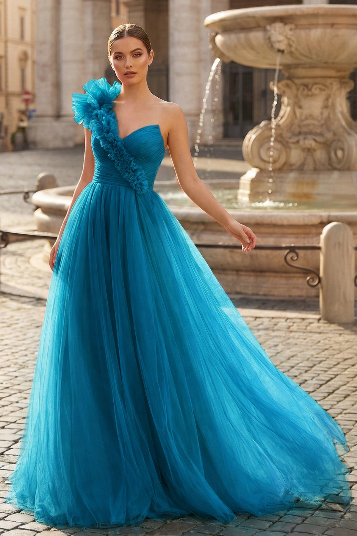 A-Line One Shoulder Long Tulle Prom Dress with Ruffles
