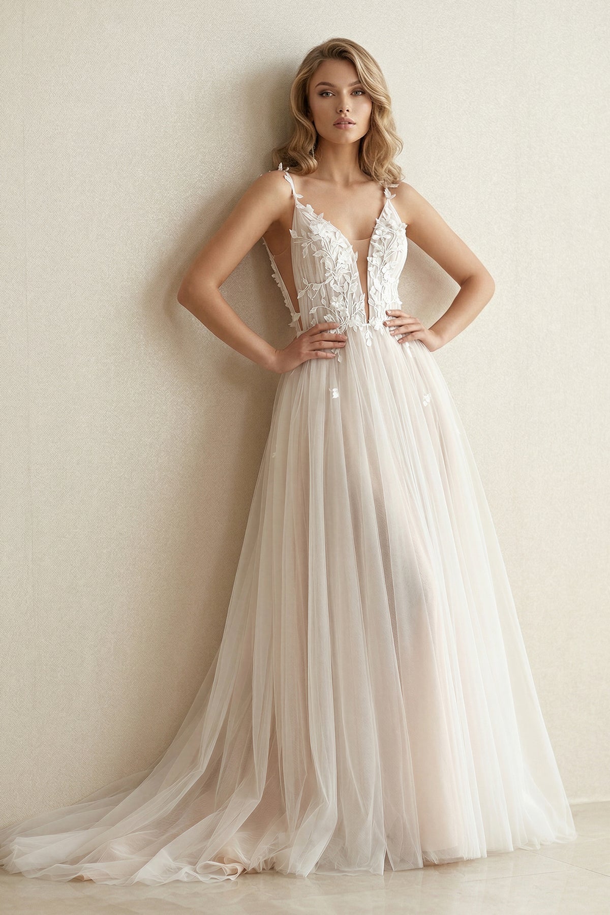 A-Line V-neck Tulle Wedding Dress Sexy Beach Gown With Court Train And Lace Appliques