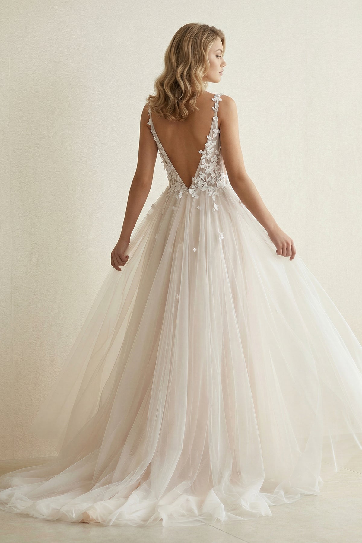 A-Line V-neck Tulle Wedding Dress Sexy Beach Gown With Court Train And Lace Appliques