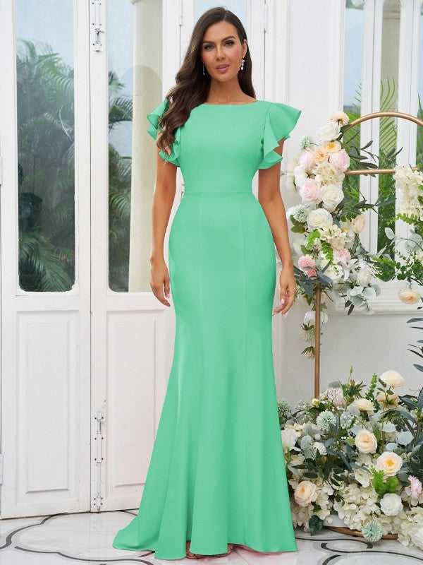 Sheath/Column Stretch Crepe Ruffles Scoop Short Sleeves Sweep/Brush Train Bridesmaid Dresses Evening Dress