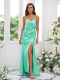 Sheath/Column Silk like Satin Ruched Spaghetti Straps Sleeveless Sweep/Brush Train Bridesmaid Dresses Evening Dress