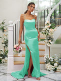 Sheath/Column Silk like Satin Ruched Square Sleeveless Sweep/Brush Train Bridesmaid Dresses Evening Dress