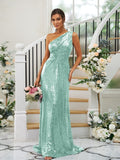 Sheath/Column Sequins Ruched One-Shoulder Sleeveless Sweep/Brush Train Bridesmaid Dresses Evening Dress