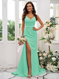 Sheath/Column Stretch Crepe Ruched V-neck Sleeveless Sweep/Brush Train Bridesmaid Dresses Evening Dress