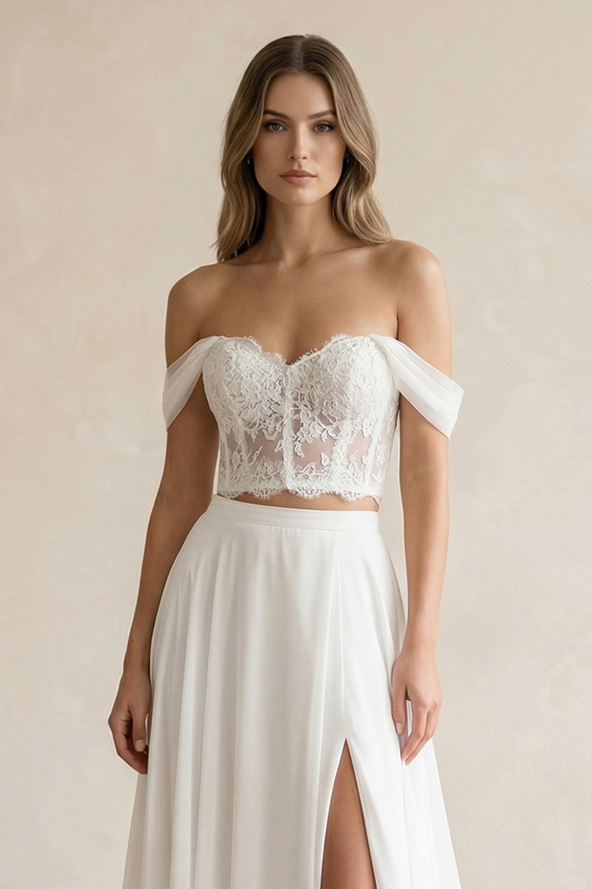 A-Line Lace White Lace-Up Off-the-Shoulder Wedding Dress with Slit
