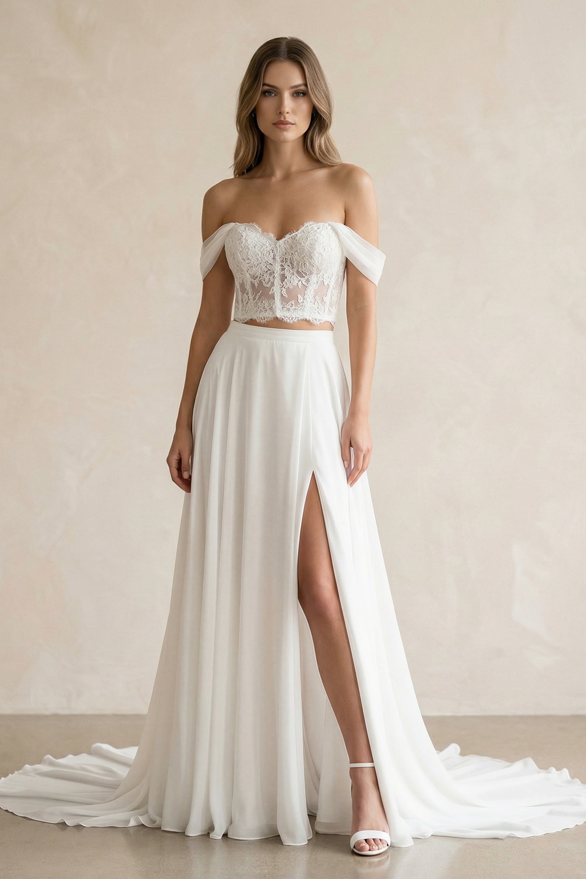 A-Line Lace White Lace-Up Off-the-Shoulder Wedding Dress with Slit