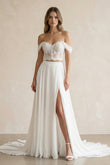 A-Line Lace White Lace-Up Off-the-Shoulder Wedding Dress with Slit