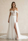 A-Line Lace White Lace-Up Off-the-Shoulder Wedding Dress with Slit