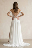 A-Line Lace White Lace-Up Off-the-Shoulder Wedding Dress with Slit