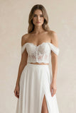 A-Line Lace White Lace-Up Off-the-Shoulder Wedding Dress with Slit