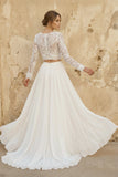 Two Piece V-neck Wedding Dress with Sweep Train Lace Long Sleeves