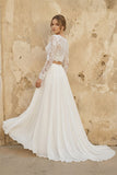 Two Piece V-neck Wedding Dress with Sweep Train Lace Long Sleeves