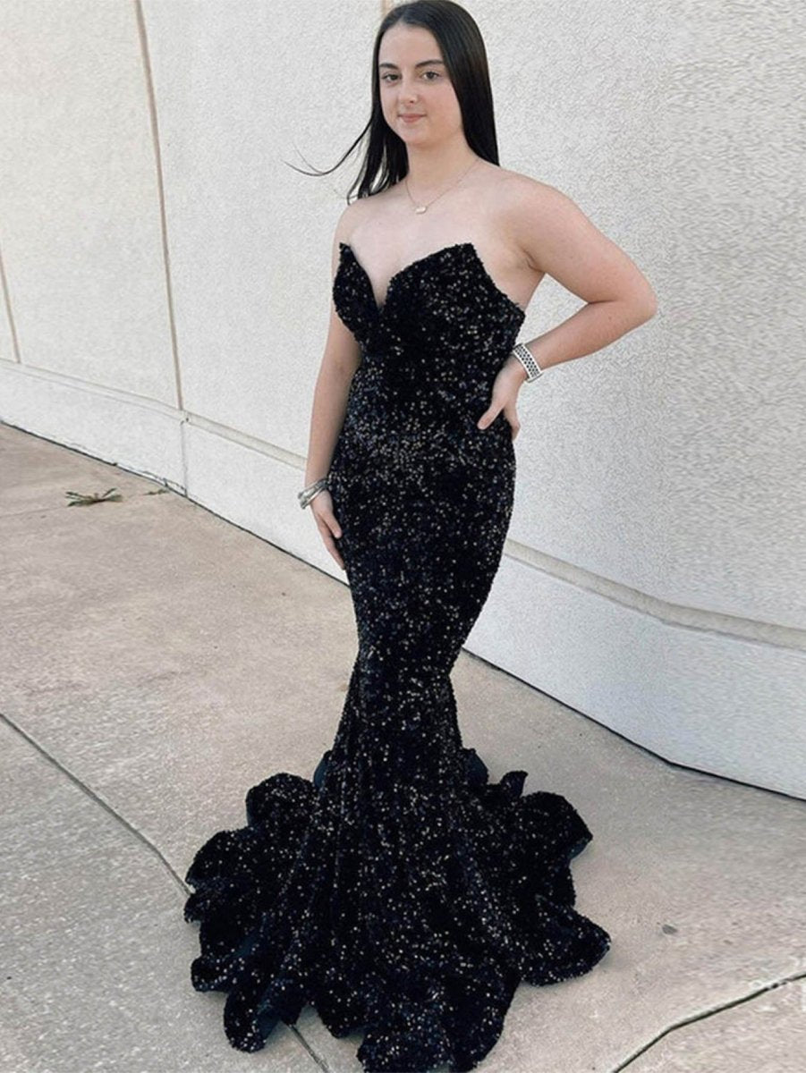 Red Mermaid Sweetheart Neck Sequins Long Prom Dresses