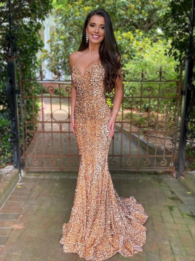 Red Mermaid Sweetheart Neck Sequins Long Prom Dresses
