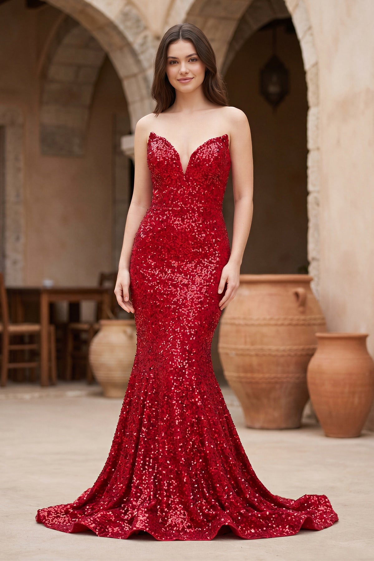 Red Mermaid Sweetheart Neck Sequins Long Prom Dresses
