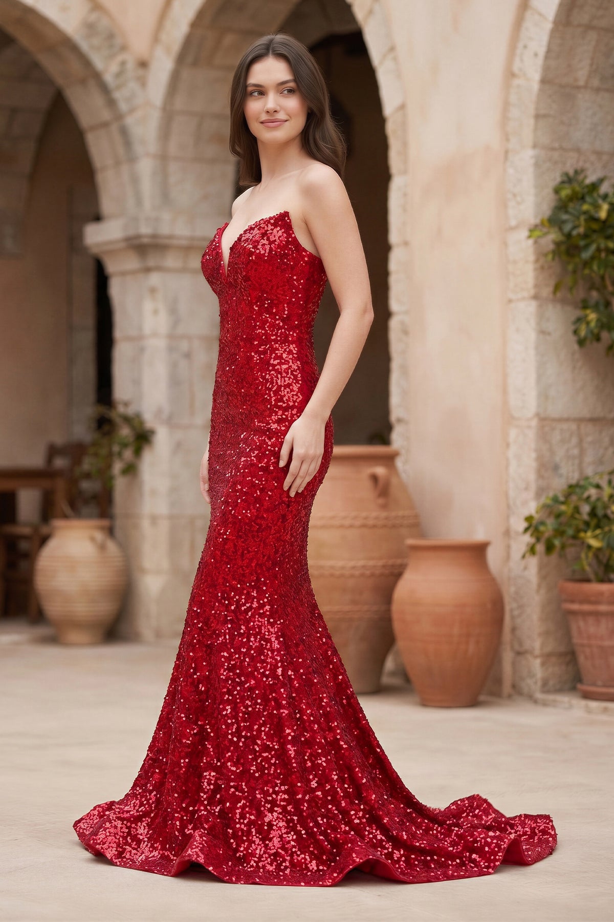 Red Mermaid Sweetheart Neck Sequins Long Prom Dresses