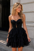 Black Strapless A Line Chiffon Ruffled Homecoming Dress With Bow