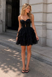Black Strapless A Line Chiffon Ruffled Homecoming Dress With Bow