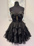 Black Strapless A Line Chiffon Ruffled Homecoming Dress With Bow