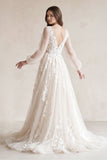 Long Bohemian Wedding Dresses Illusion Sleeves V Neck Back