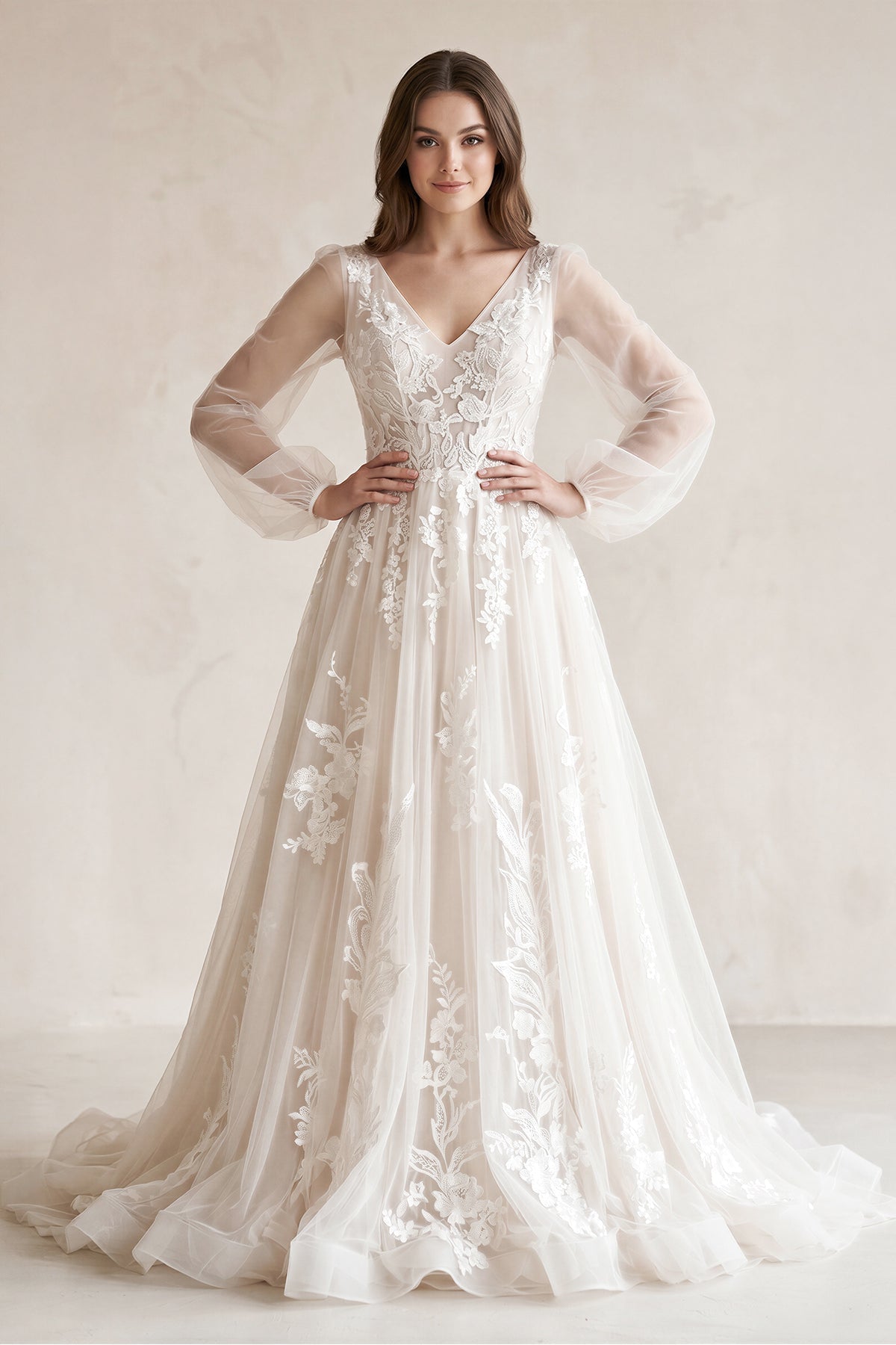 Long Bohemian Wedding Dresses Illusion Sleeves V Neck Back