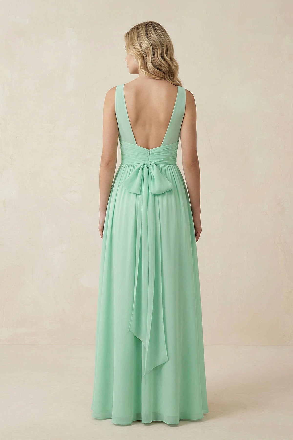 V-Neck A-Line Bridesmaid Dress with Back Bow in Pale Pistachio