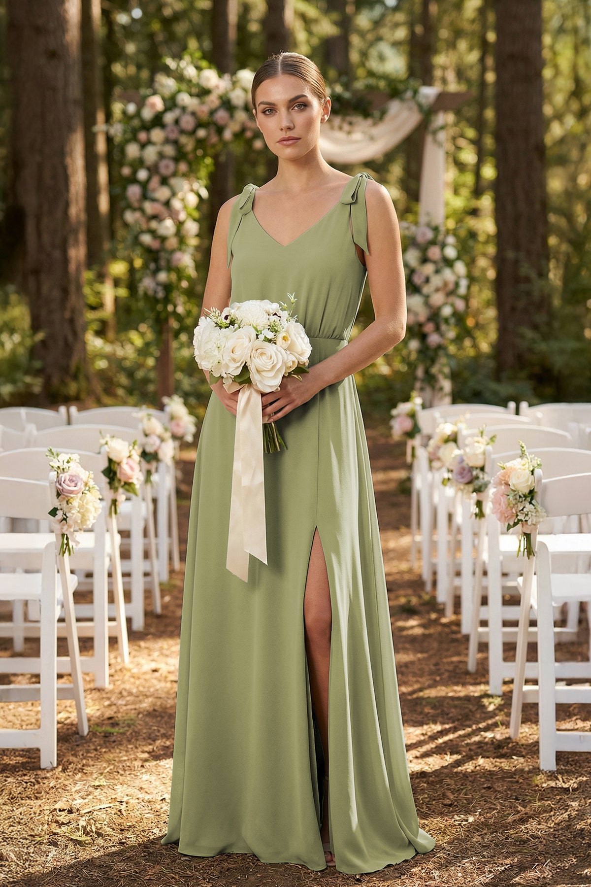 V-Neck A-Line Chiffon Bridesmaid Dress in Moss Green