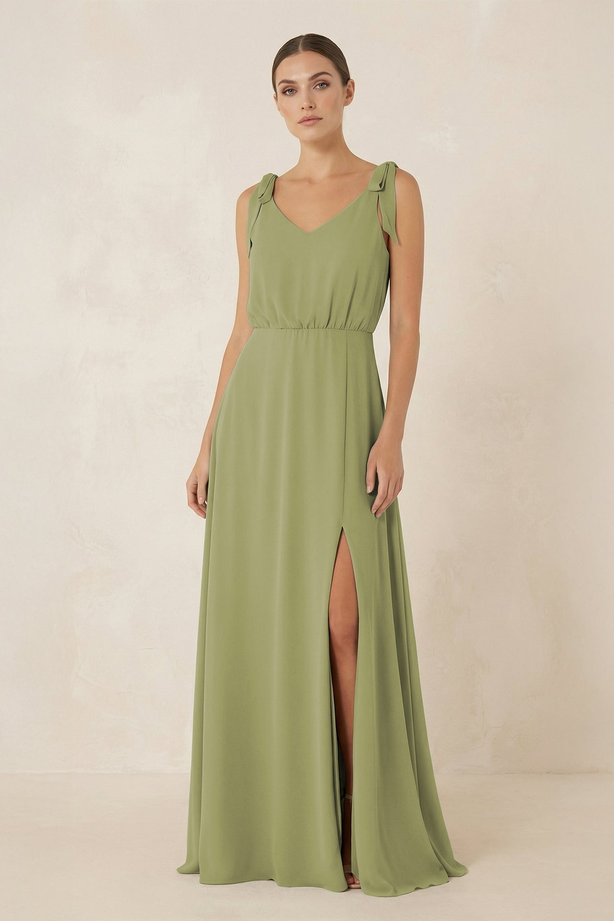 V-Neck A-Line Chiffon Bridesmaid Dress in Moss Green