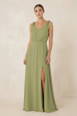 V-Neck A-Line Chiffon Bridesmaid Dress in Moss Green