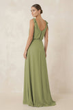 V-Neck A-Line Chiffon Bridesmaid Dress in Moss Green