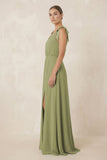V-Neck A-Line Chiffon Bridesmaid Dress in Moss Green