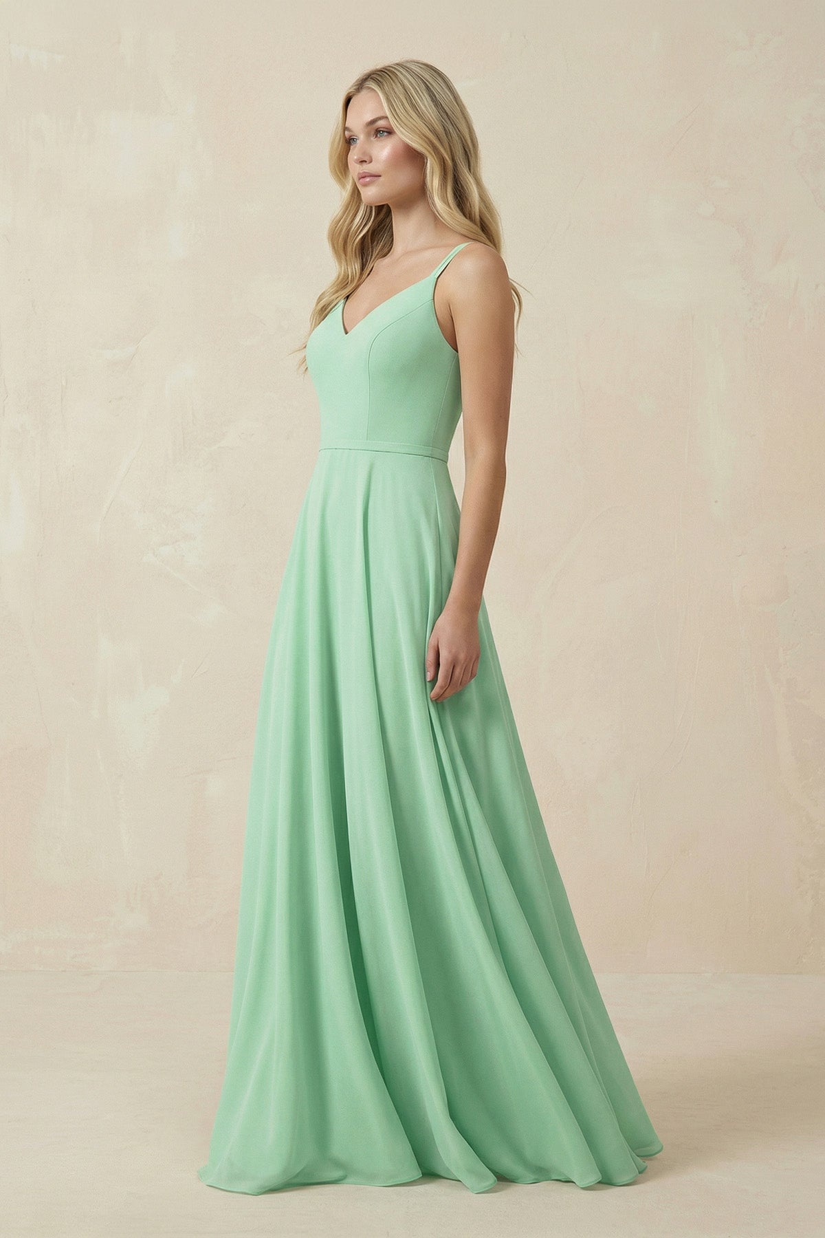 V-Neck A-Line Chiffon Bridesmaid Dress with Crisscross Back in Pale Pistachio