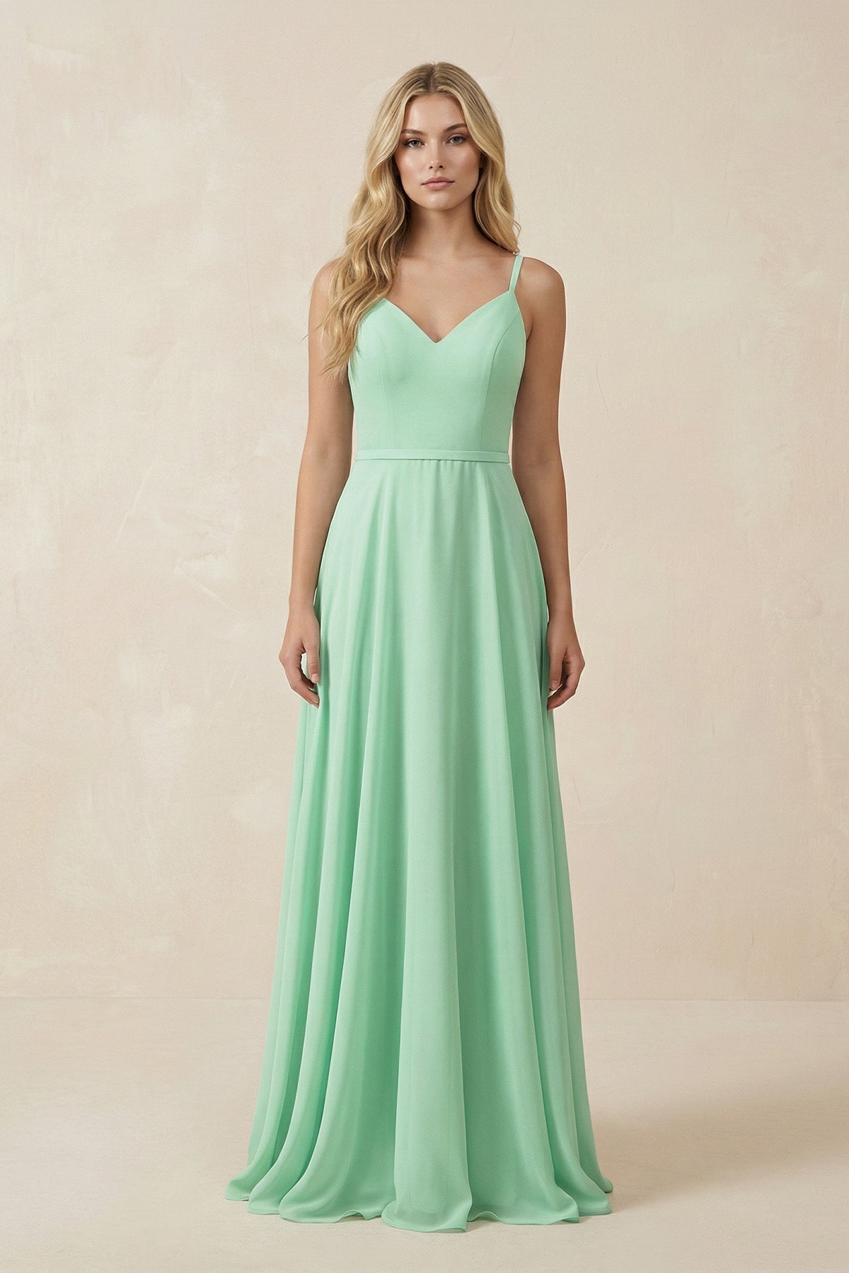 V-Neck A-Line Chiffon Bridesmaid Dress with Crisscross Back in Pale Pistachio