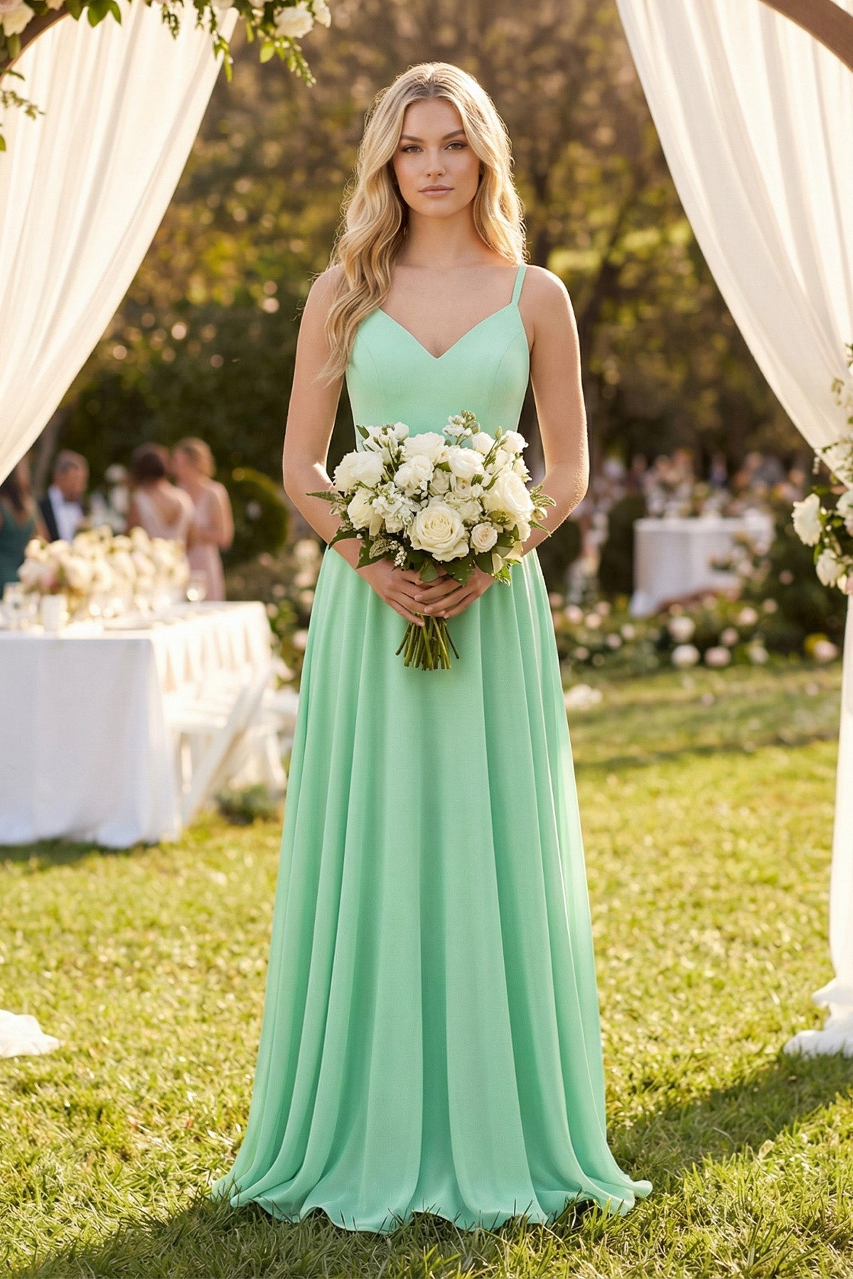 V-Neck A-Line Chiffon Bridesmaid Dress with Crisscross Back in Pale Pistachio