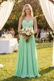 V-Neck A-Line Chiffon Bridesmaid Dress with Crisscross Back in Pale Pistachio