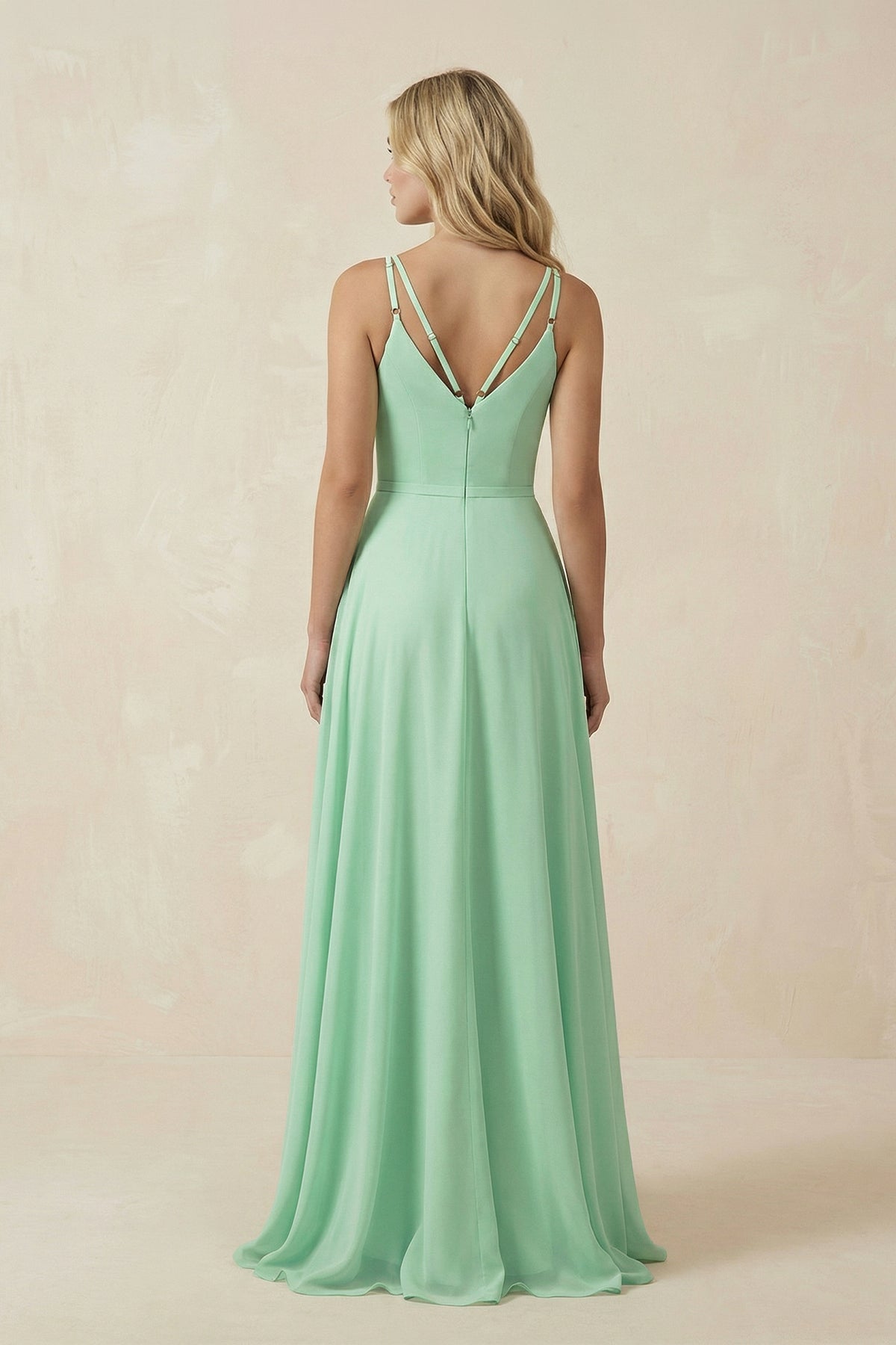 V-Neck A-Line Chiffon Bridesmaid Dress with Crisscross Back in Pale Pistachio