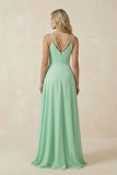 V-Neck A-Line Chiffon Bridesmaid Dress with Crisscross Back in Pale Pistachio