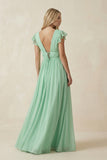 V-Neck A-Line Chiffon Cap Sleeves Bridesmaid Dress in Pale Pistachio