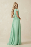 V-Neck A-Line Chiffon Cap Sleeves Bridesmaid Dress in Pale Pistachio