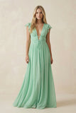 V-Neck A-Line Chiffon Cap Sleeves Bridesmaid Dress in Pale Pistachio