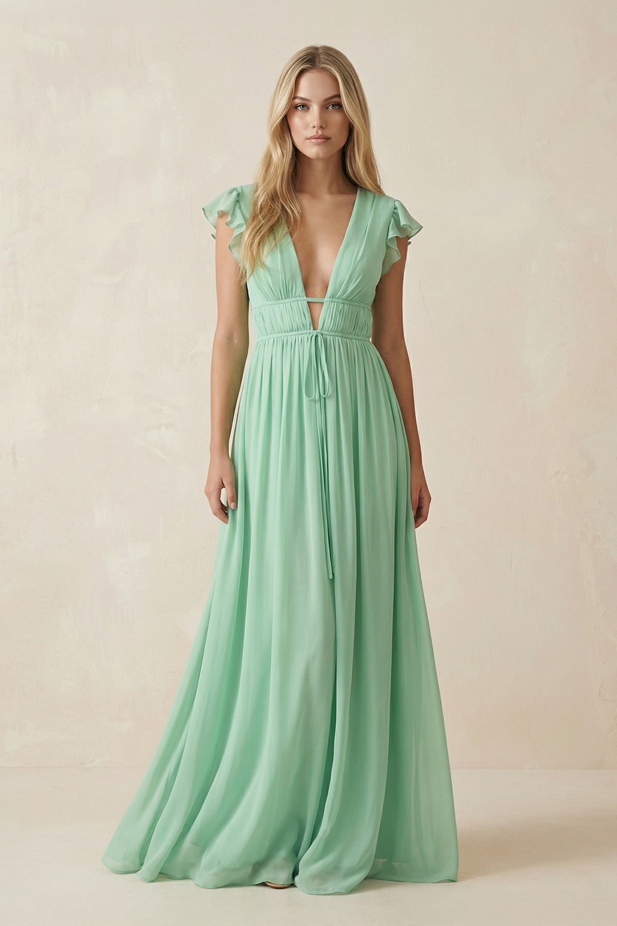 V-Neck A-Line Chiffon Cap Sleeves Bridesmaid Dress in Pale Pistachio