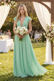 V-Neck A-Line Chiffon Cap Sleeves Bridesmaid Dress in Pale Pistachio
