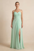 V-Neck A-Line Chiffon Pleated Bridesmaid Dress in Pale Pistachio