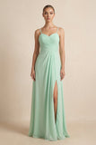 V-Neck A-Line Chiffon Pleated Bridesmaid Dress in Pale Pistachio