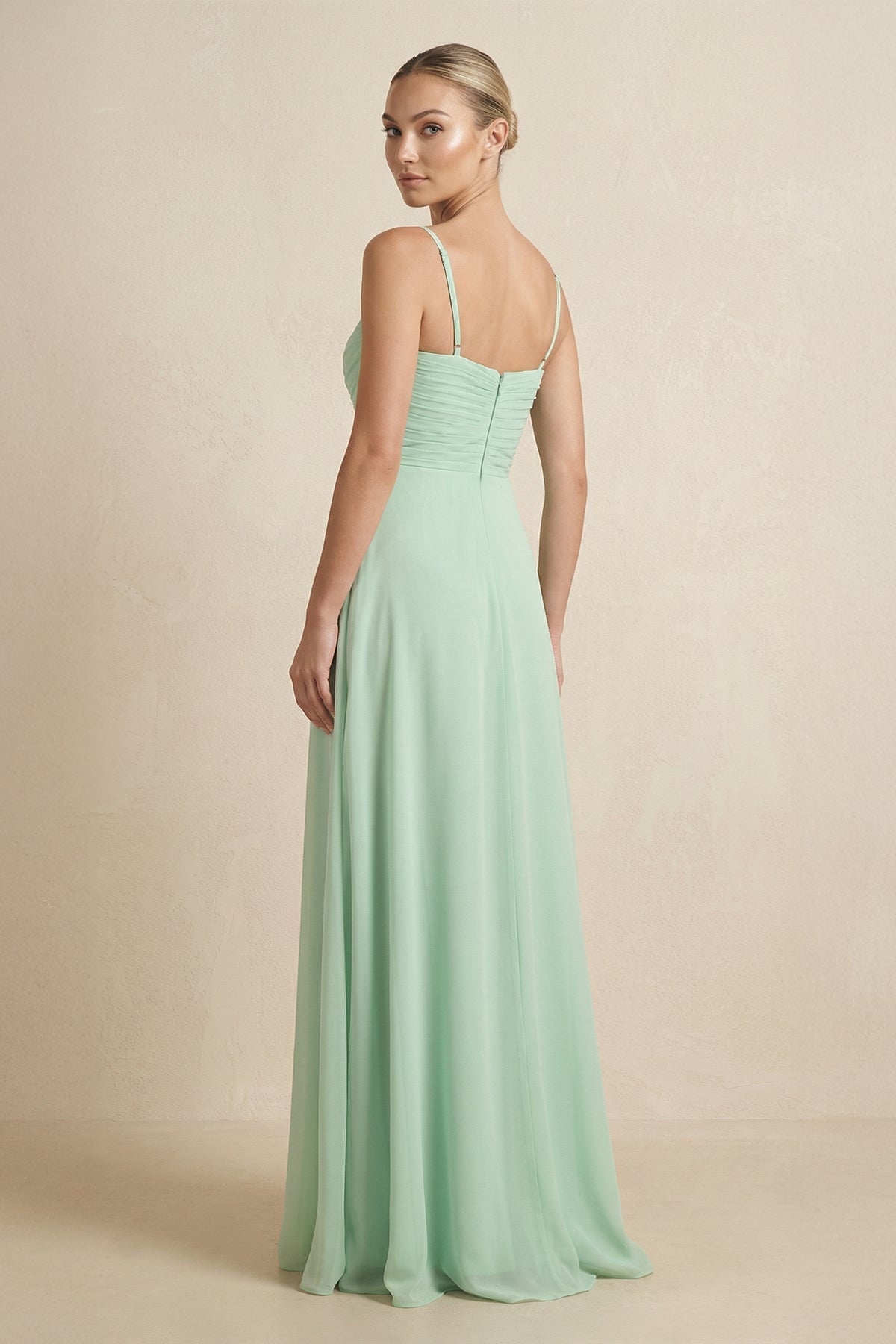 V-Neck A-Line Chiffon Pleated Bridesmaid Dress in Pale Pistachio