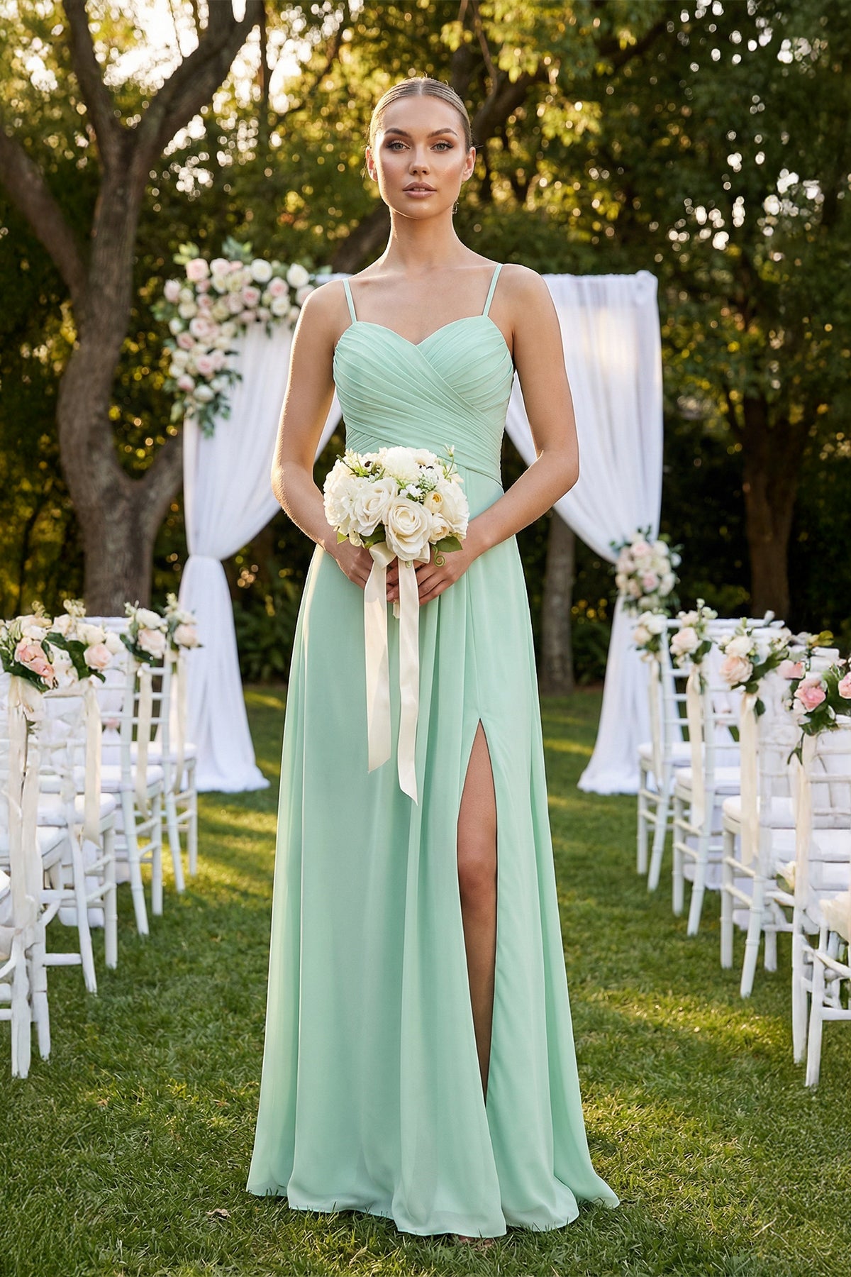 V-Neck A-Line Chiffon Pleated Bridesmaid Dress in Pale Pistachio