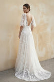 Romantic Ivory Flower Appliques Wedding Dress. Lace Long Bridal Dresses
