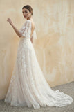 Romantic Ivory Flower Appliques Wedding Dress. Lace Long Bridal Dresses